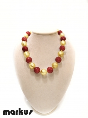 Glass necklace with round beads  gold and red