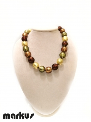 Glass necklace with round beads  gold amber green and bronze