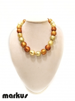 Glass necklace with round beads  gold, amber, light gold and bronze