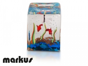 Glass cube with red fishes